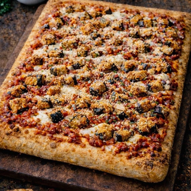 Sicilian Eggplant Parmigiana Pizza.
