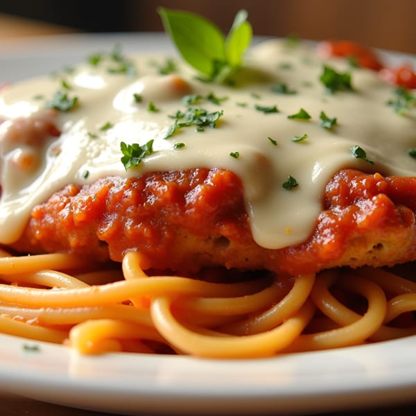 Chicken parmesan with melted cheese, tomato sauce, and fresh basil, served over spaghetti.