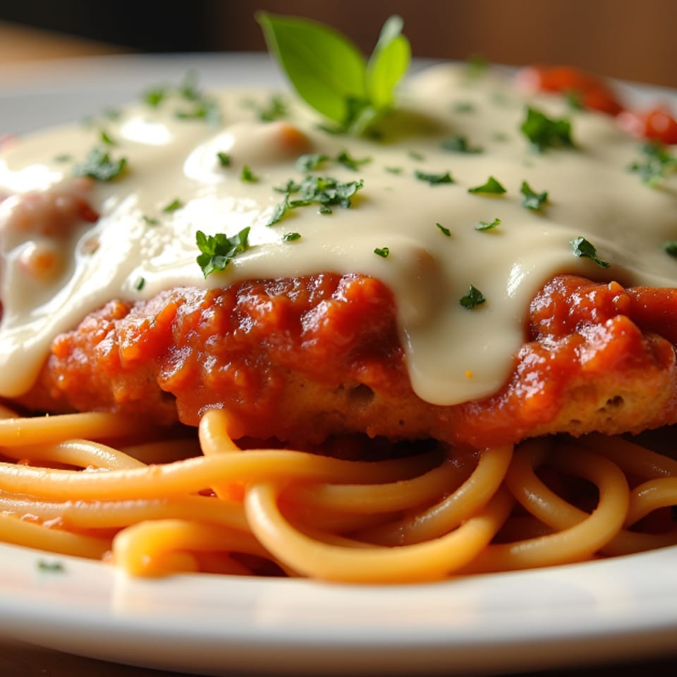 Chicken parmesan with melted cheese, tomato sauce, and fresh basil, served over spaghetti.