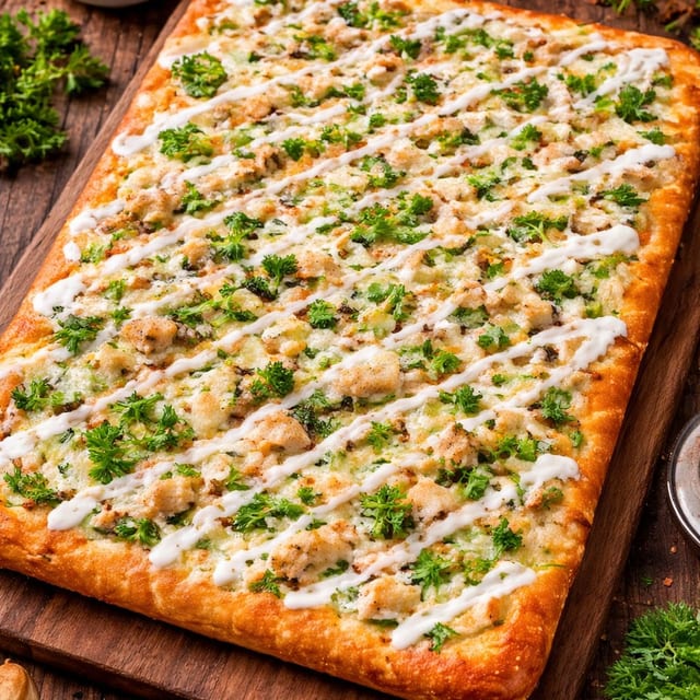 Sicilian Broccoli Chicken Ranch Pizza.