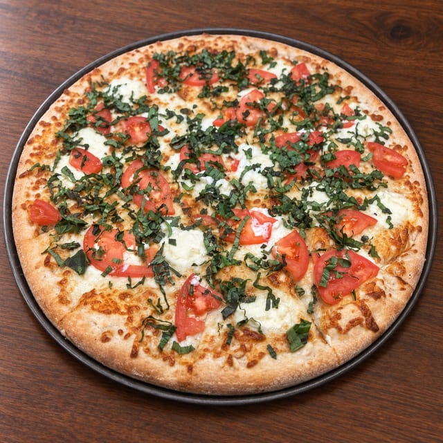 Tomato basil white pizza.